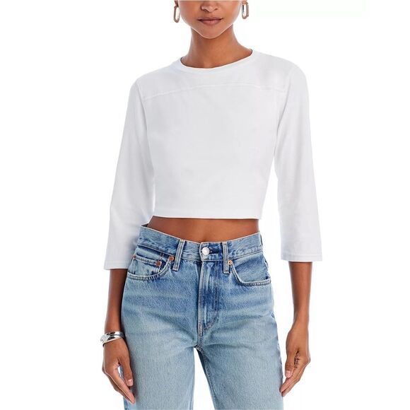 RE/DONE Cropped Varsity Tee in Optic White Cream Stitch Size S - Picture 1 of 8